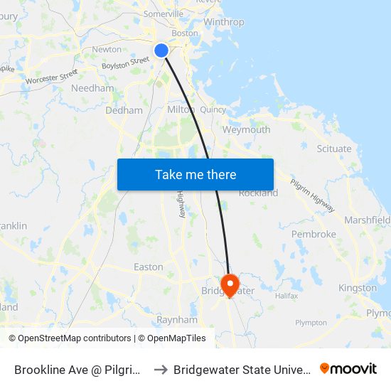 Brookline Ave @ Pilgrim Rd to Bridgewater State University map