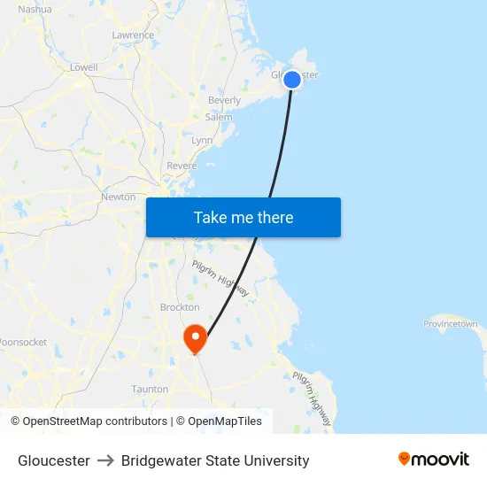 Gloucester to Bridgewater State University map