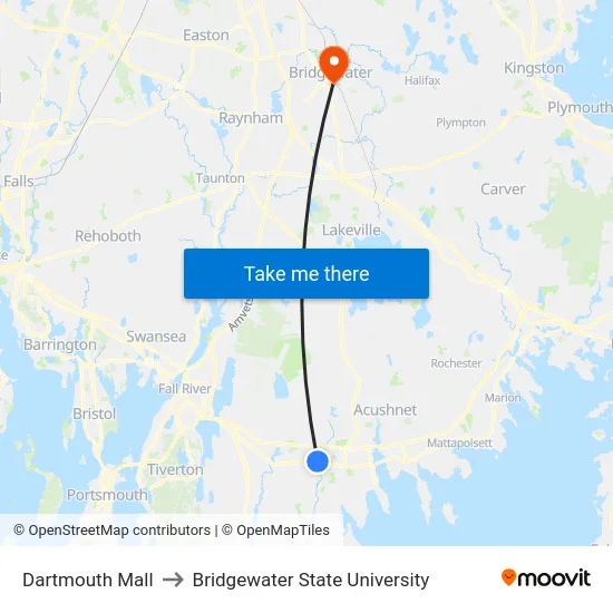 Dartmouth Mall to Bridgewater State University map