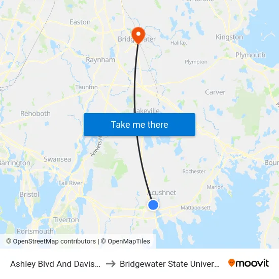 Ashley Blvd And Davis St to Bridgewater State University map