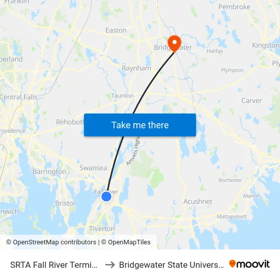 SRTA Fall River Terminal to Bridgewater State University map