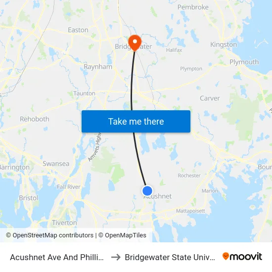 Acushnet Ave And Phillips Rd to Bridgewater State University map