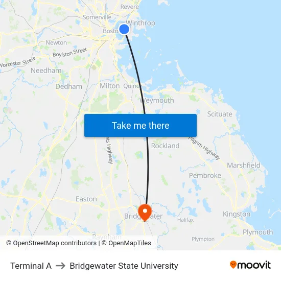 Terminal A to Bridgewater State University map