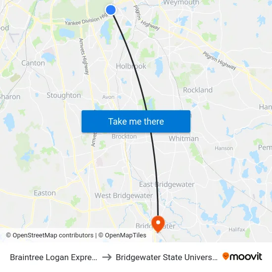 Braintree Logan Express to Bridgewater State University map
