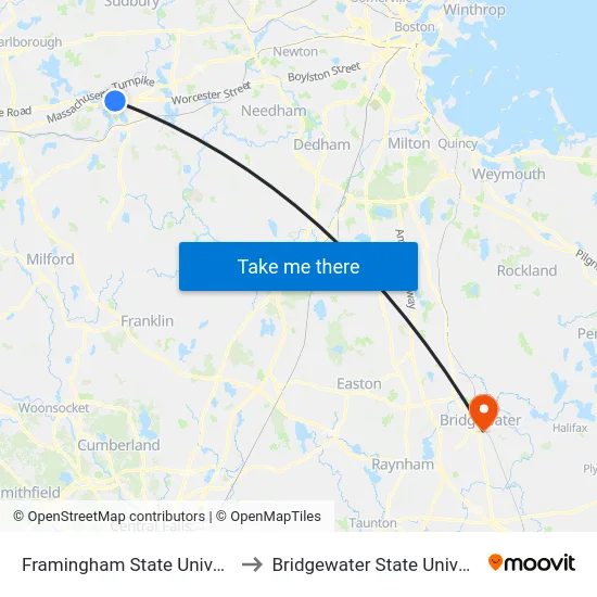 Framingham State University to Bridgewater State University map