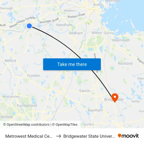 Metrowest Medical Center to Bridgewater State University map