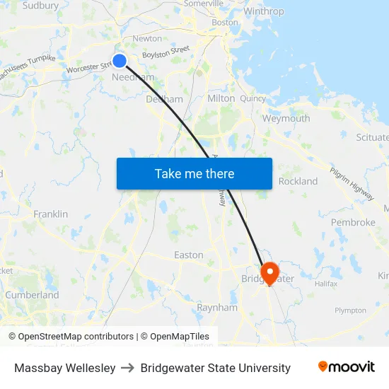 Massbay Wellesley to Bridgewater State University map