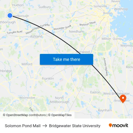 Solomon Pond Mall to Bridgewater State University map