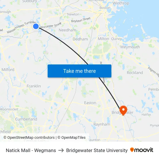 Natick Mall - Wegmans to Bridgewater State University map