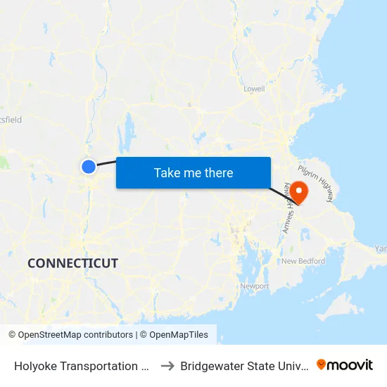 Holyoke Transportation Center to Bridgewater State University map