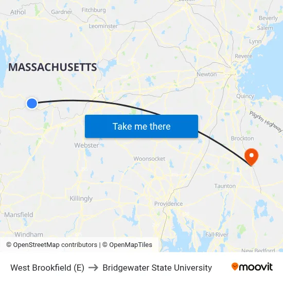 West Brookfield (E) to Bridgewater State University map