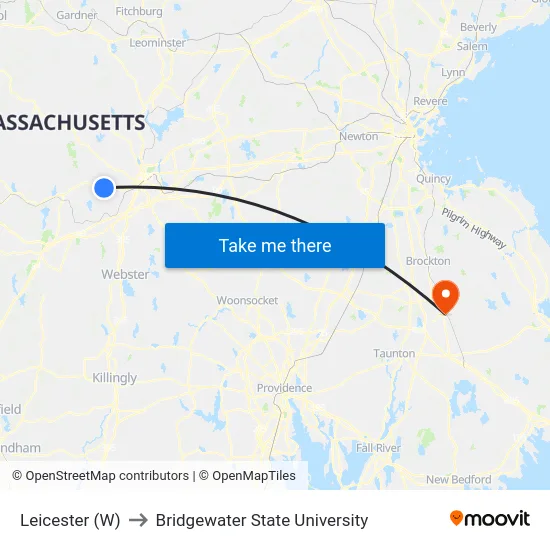 Leicester (W) to Bridgewater State University map