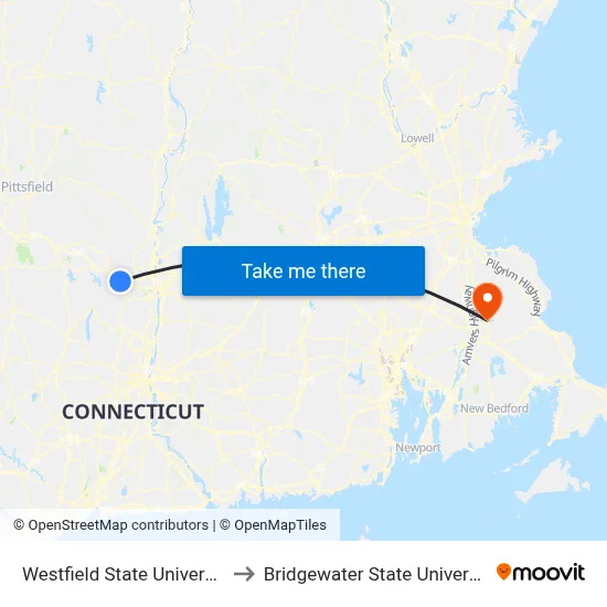 Westfield State University to Bridgewater State University map