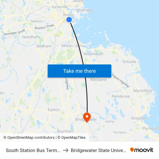 South Station Bus Terminal to Bridgewater State University map