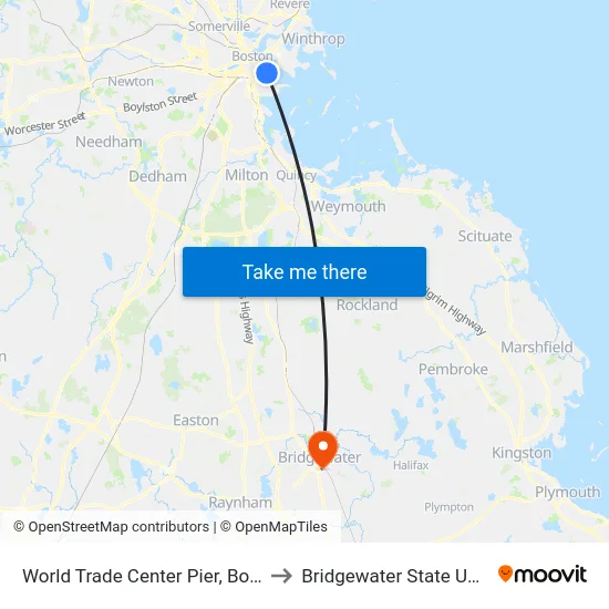 World Trade Center Pier, Boston, MA to Bridgewater State University map