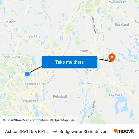 Ashton (Ri-116 & Ri-122) to Bridgewater State University map
