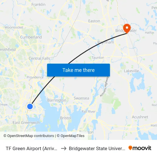 TF Green Airport (Arrivals) to Bridgewater State University map
