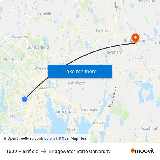1609 Plainfield to Bridgewater State University map