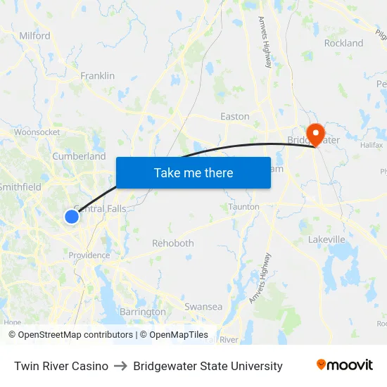 Twin River Casino to Bridgewater State University map