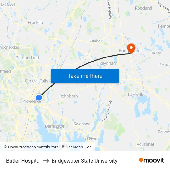 Butler Hospital to Bridgewater State University map