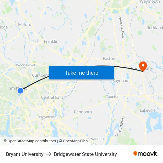 Bryant University to Bridgewater State University map