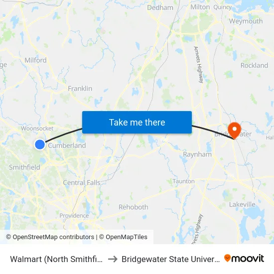 Walmart (North Smithfield) to Bridgewater State University map