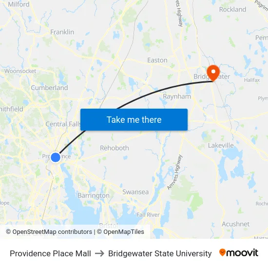 Providence Place Mall to Bridgewater State University map