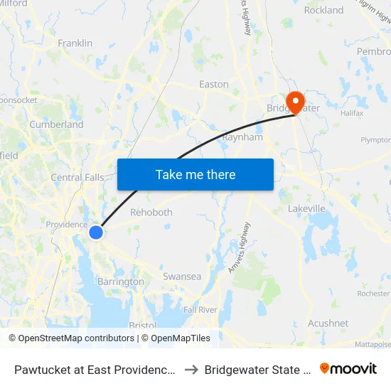 Pawtucket at East Providence High School to Bridgewater State University map