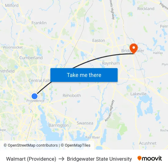 Walmart (Providence) to Bridgewater State University map