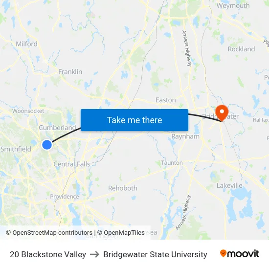20 Blackstone Valley to Bridgewater State University map