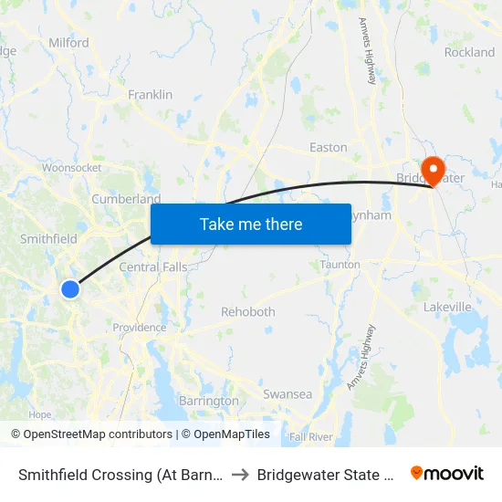 Smithfield Crossing (At Barnes & Noble) to Bridgewater State University map
