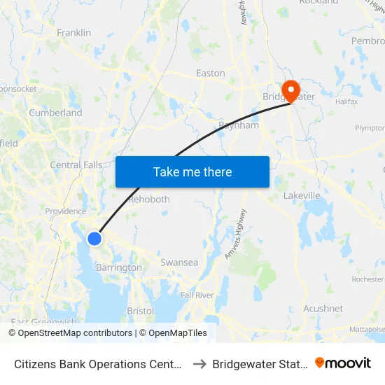 Citizens Bank Operations Center (East Providence) to Bridgewater State University map