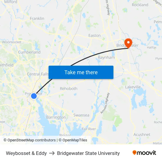 Weybosset & Eddy to Bridgewater State University map