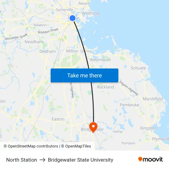 North Station to Bridgewater State University map