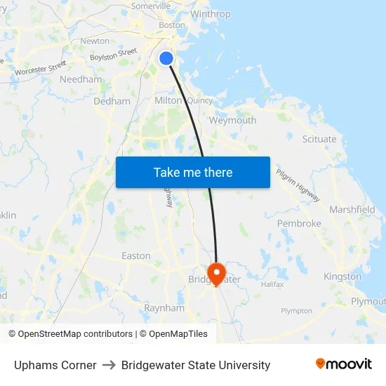 Uphams Corner to Bridgewater State University map