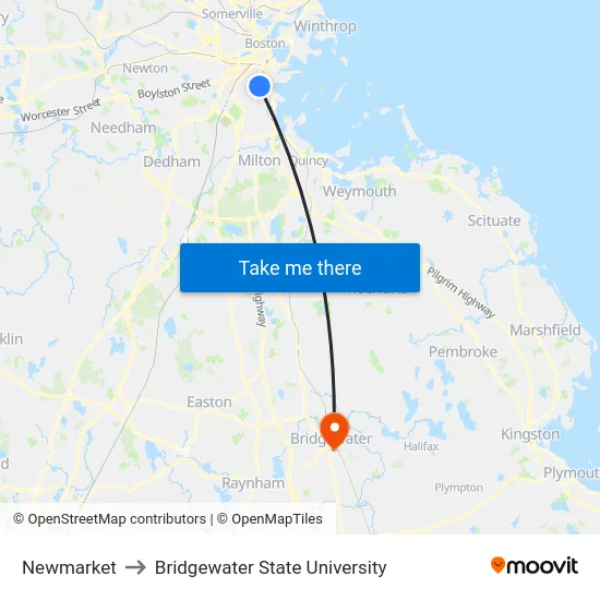 Newmarket to Bridgewater State University map