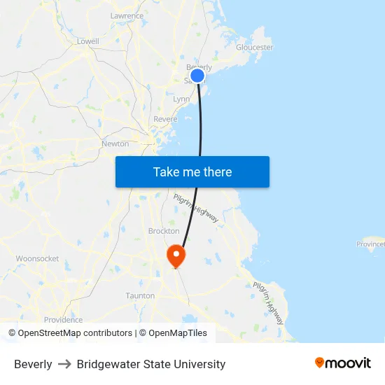 Beverly to Bridgewater State University map