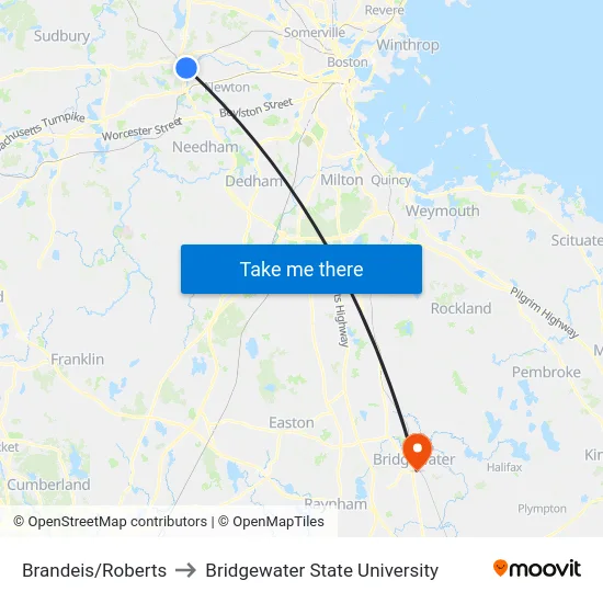 Brandeis/Roberts to Bridgewater State University map