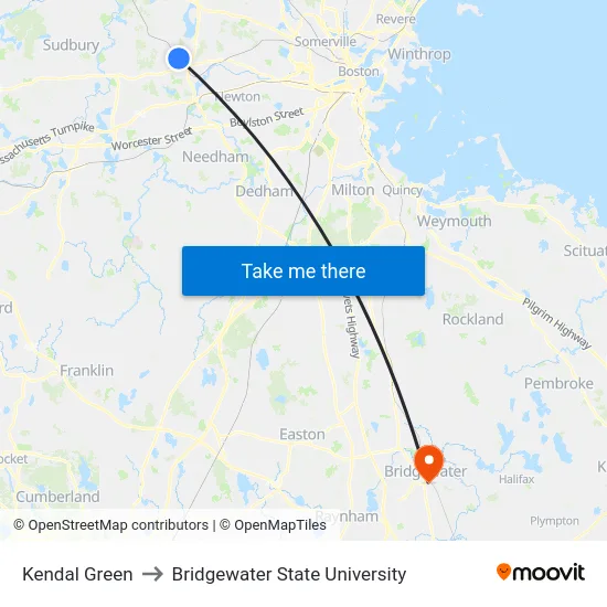 Kendal Green to Bridgewater State University map