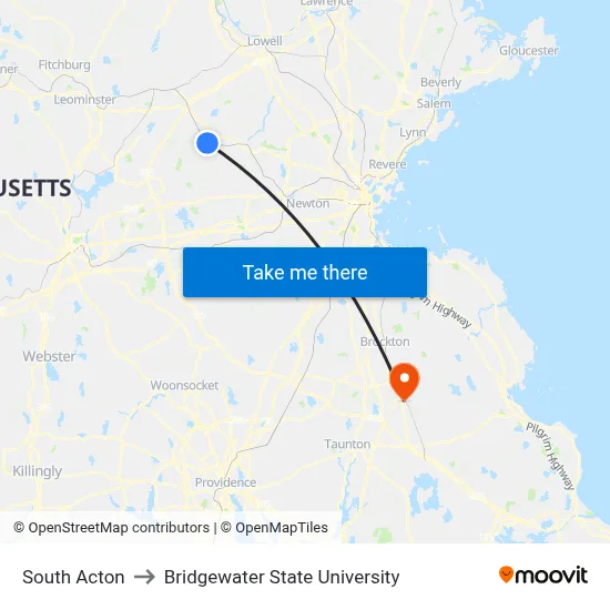 South Acton to Bridgewater State University map