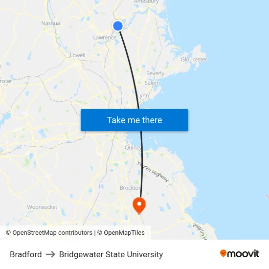 Bradford to Bridgewater State University map