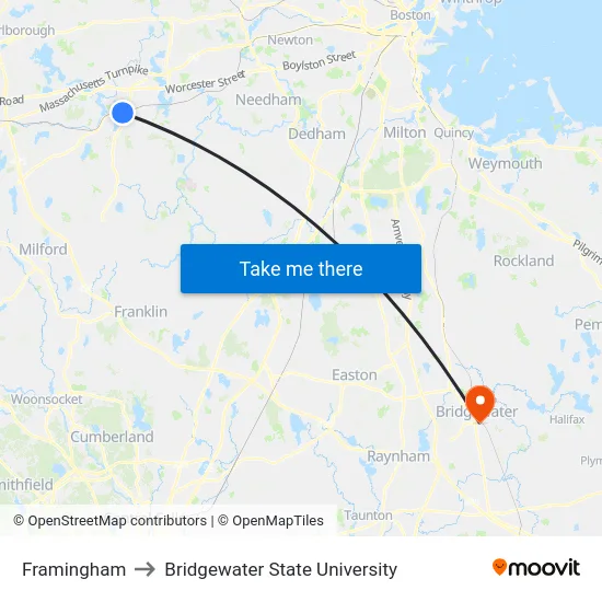 Framingham to Bridgewater State University map