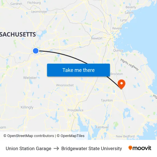 Union Station Garage to Bridgewater State University map