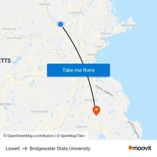 Lowell to Bridgewater State University map