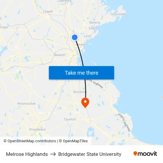 Melrose Highlands to Bridgewater State University map