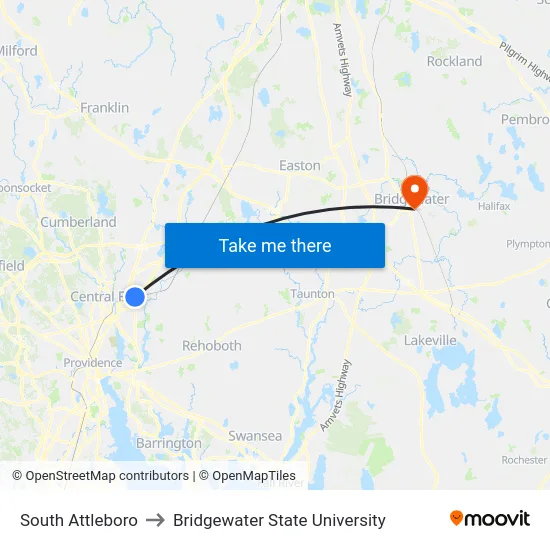 South Attleboro to Bridgewater State University map