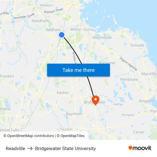 Readville to Bridgewater State University map