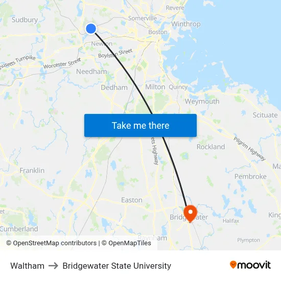 Waltham to Bridgewater State University map