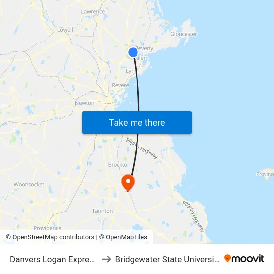 Danvers Logan Express to Bridgewater State University map