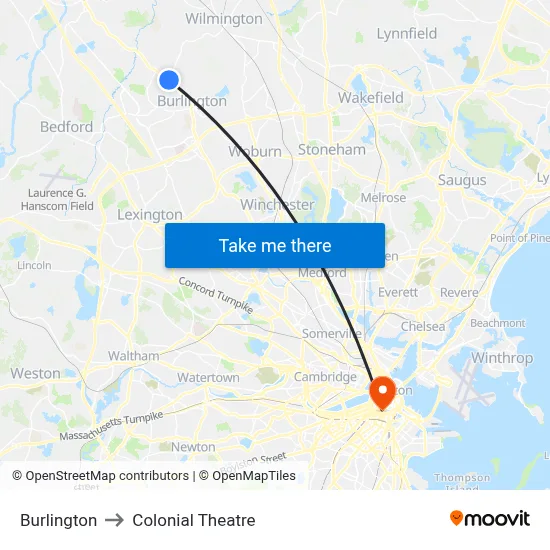 Burlington to Colonial Theatre map